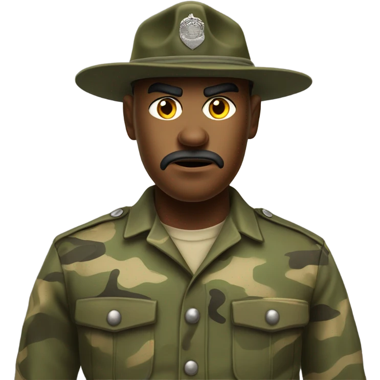 drill sergeant character wearing a classic sergeant hat and a camouflage army shirt. The character should have an angry intense expression. full torso emoji