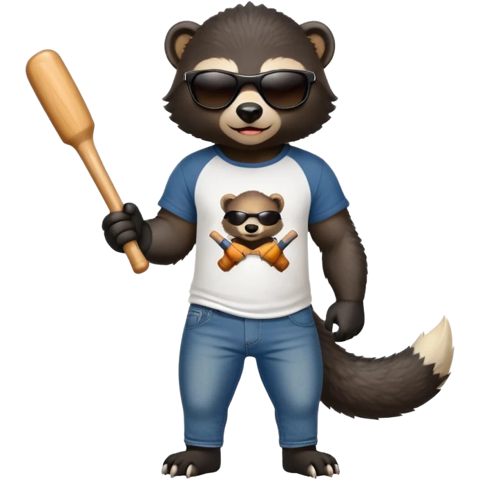 mischievous anthropomorphised honey badger in jeans and a t-shirt, wearing sunglasses, holding a baseball bat over shoulder emoji