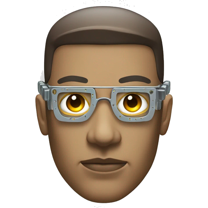 Male cyborg head with metallic plated face, brown flat top, glasses and circuits emoji