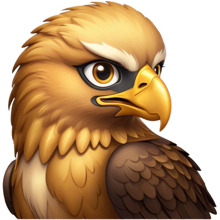 Cinematic Cute Golden Eagle Portrait Emoji, Head tilted playfully and inquisitively, featuring a compact, streamlined form with subtly ruffled, golden plumage and round, sparkling eyes full of spirited charm, Simplified yet irresistibly adorable features, highly detailed, glowing with a warm, inviting glow, high shine, affectionate and lively, stylized with a touch of whimsical aerial grace, soft glowing outline, capturing the essence of a mischievous yet endearing golden eagle that seems as if it could glide out of the screen into your heart! emoji