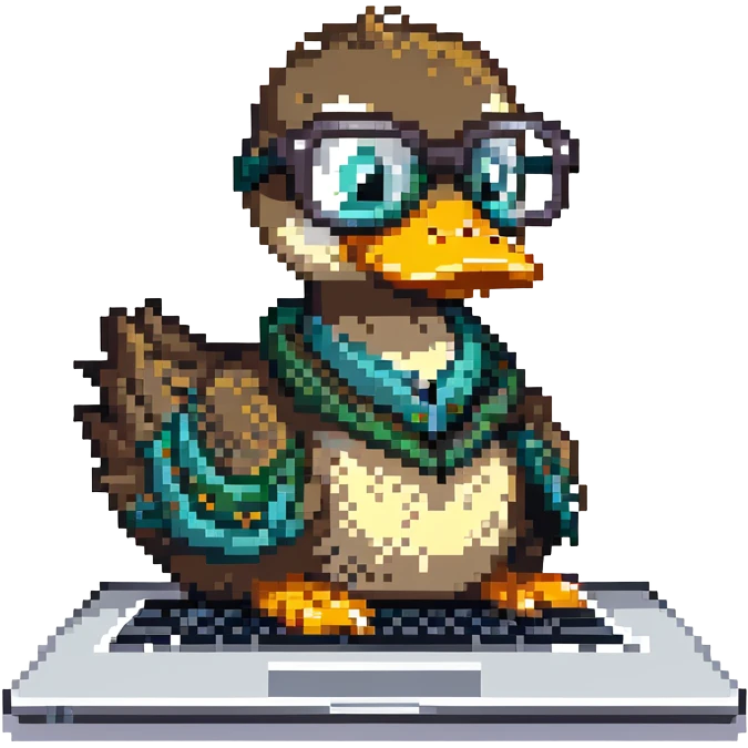 Animated duck wearing glasses, programming Python on a laptop emoji