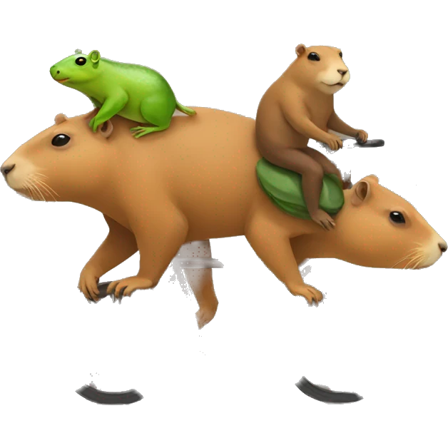 Capybara carrying frog while riding on a cat emoji