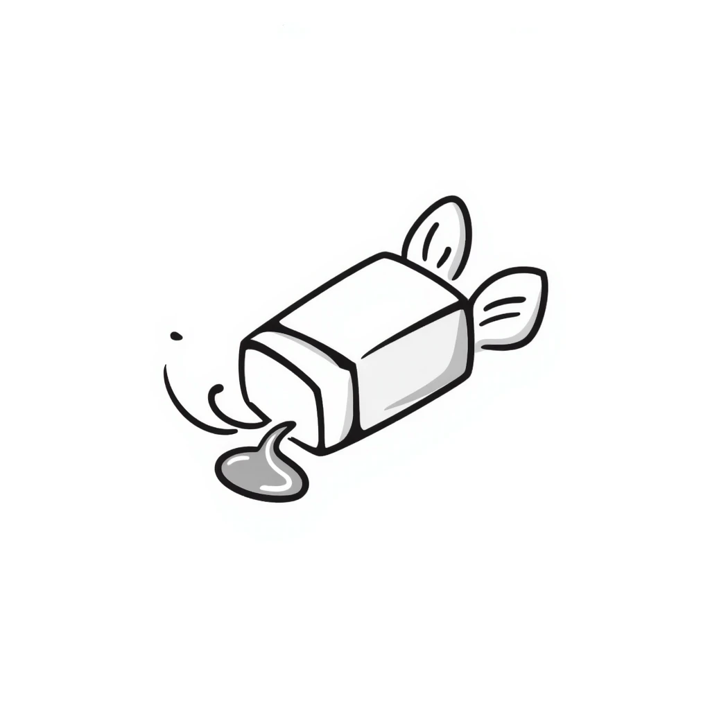 cartoon doodle of a butter stick with a pat melting emoji
