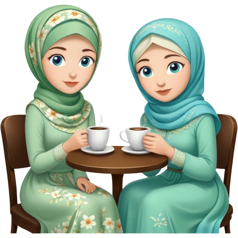 Turkish beautiful finish Konya girls blue eyes with Beautiful light green floral hijab long tail dress and the two friends in a white lovely coffeehouse sits on the chair on the ground and holds cup coffe with her hand  emoji