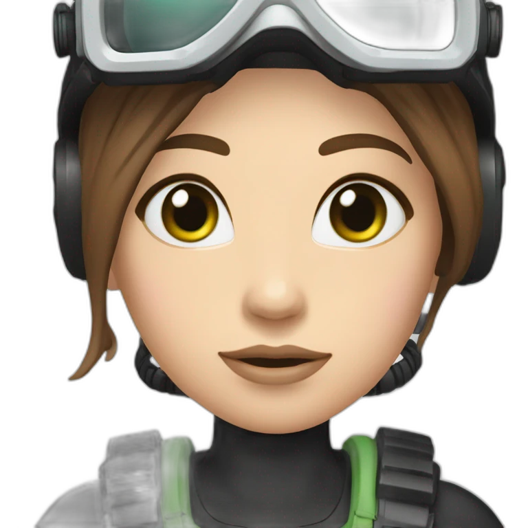 woman with underwater scubadiver gear green eyes, large and straight brown hair, pink diving underwater black suit gear emoji