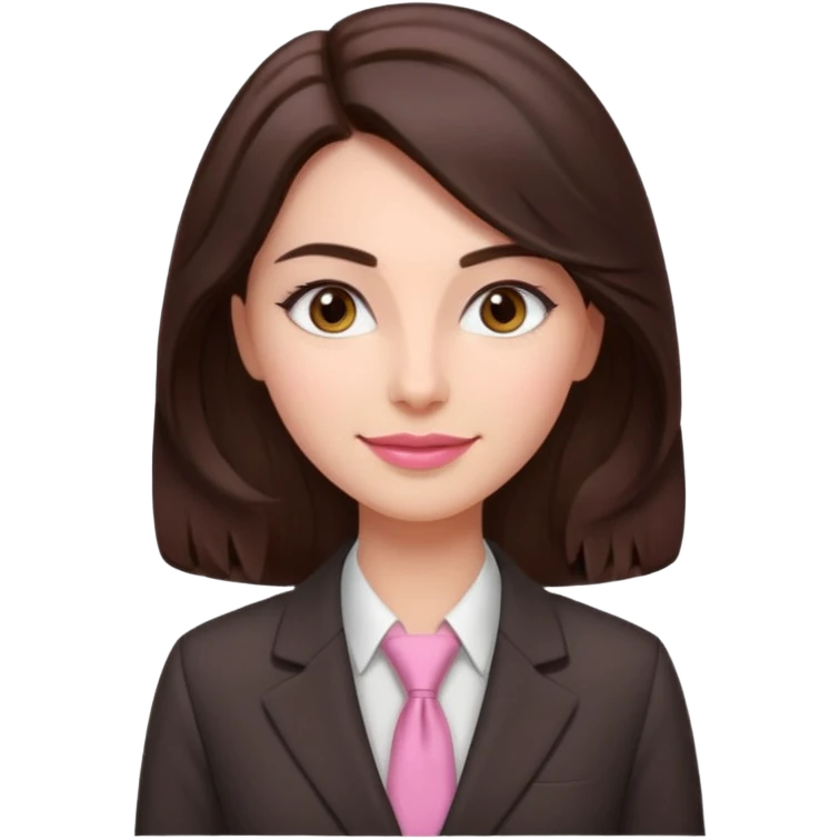 Roupas de CEO empresária Tom de pele: clara com fundo rosado
Cabelos: longos, castanho escuro, levemente ondulados
Sobrancelhas: bem definidas e cheias
Olhos: castanhos claros (podem ser destacados com brilho)
Traços marcantes: lábios cheios e sorriso suave  emoji