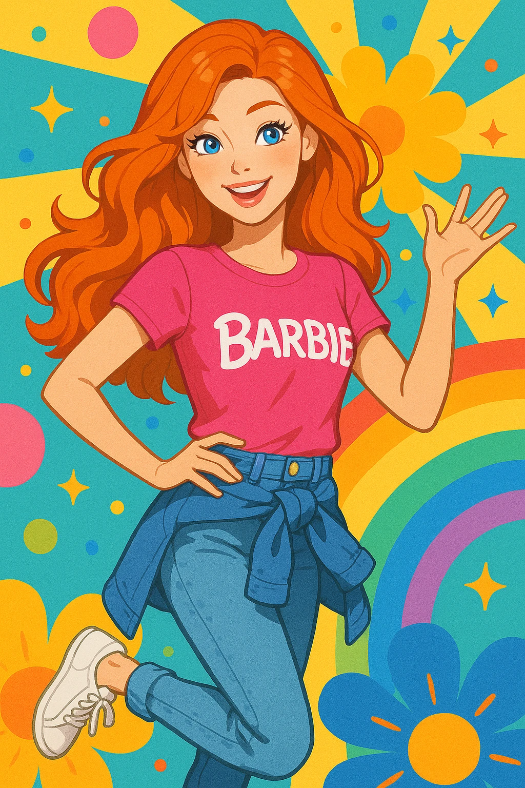 ginger Barbie, casual clothes, playful pose, bright and colorful background emoji