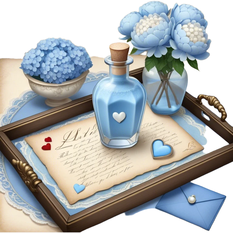 On a lace-trimmed tray rests an ornate glass bottle filled with a soft blue love potion, next to an aged love letter sealed with a wax heart. A delicate pearl butterfly gently perches on the edge of the envelope, while petals of white peonies and pale blue hydrangeas are scattered around. emoji