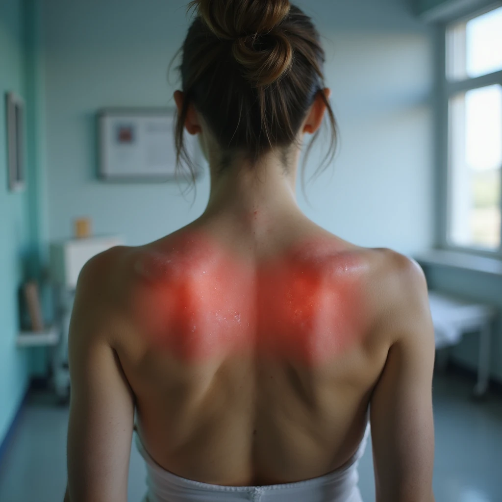 hyperrealistic 4K image of a woman seen from behind with inflamed and swollen shoulder blades, red skin between the shoulder blades, medical environment, variant 2 with slightly changed arm position emoji
