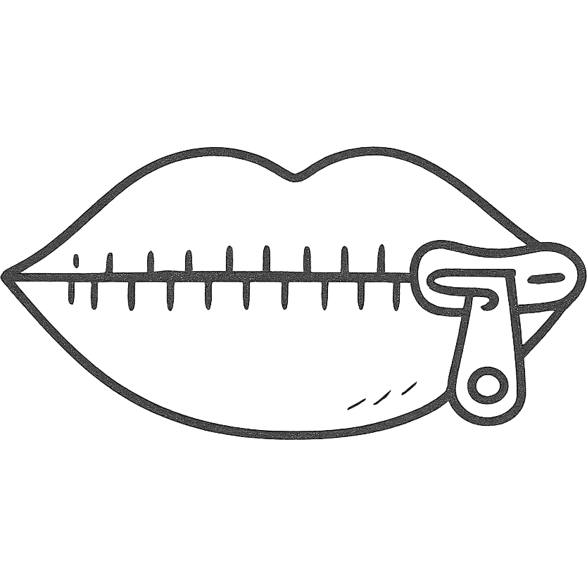 hand drawn outlined icon of a closed mouth with a zipper, sketch style emoji