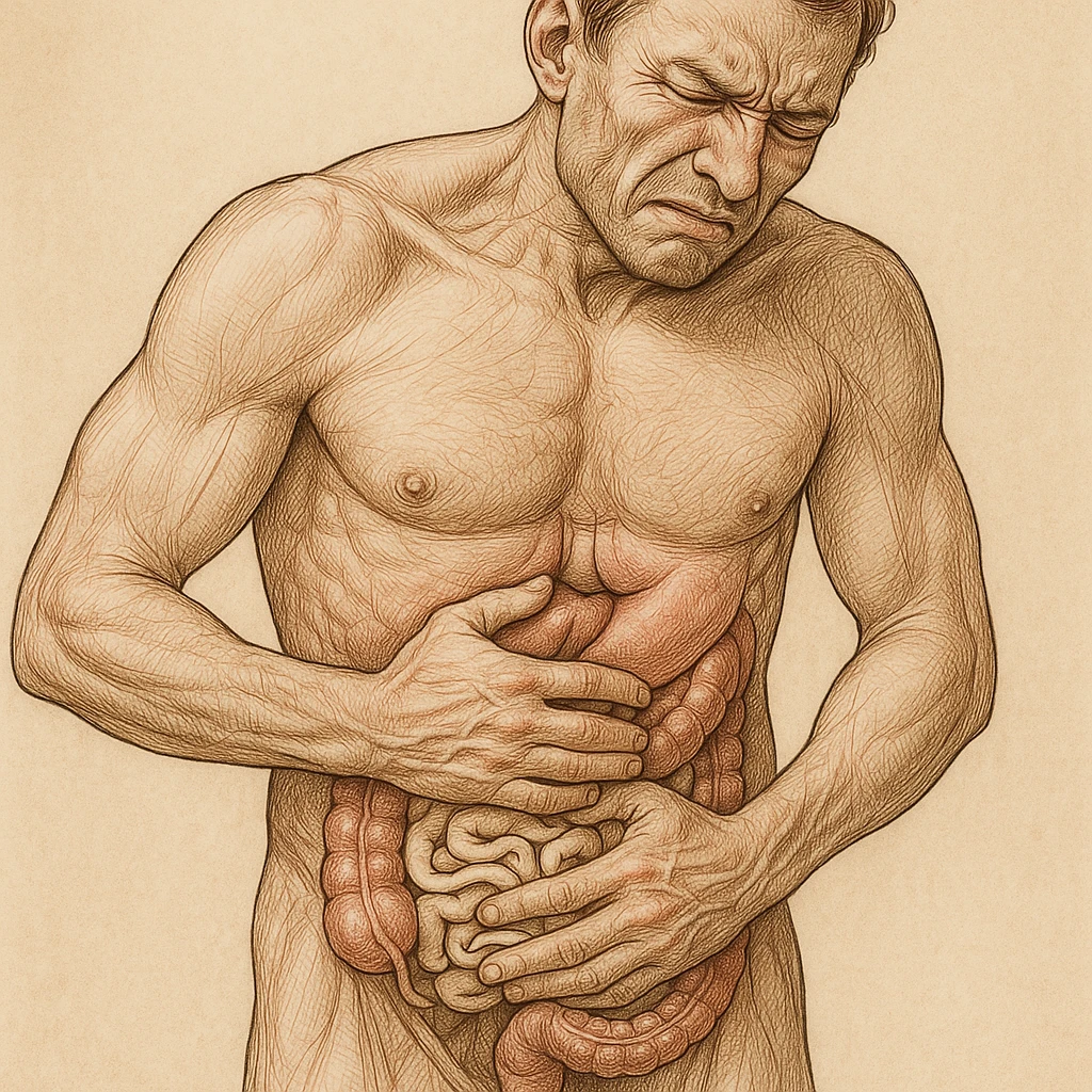 realistic anatomical man with expression of stomach ache, intestine highlighted, light beige worms visible in the intestine, detailed illustrative style emoji