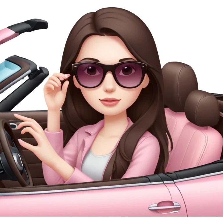 girl with long dark brown hair and pale skin wearing sunglasses driving convertible car with light pink interior emoji