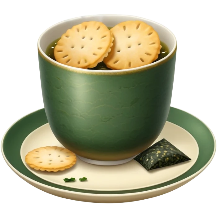 Japanese senbei rice cracker wrapped with sheet of nori seaweed, traditional snack served with green tea emoji