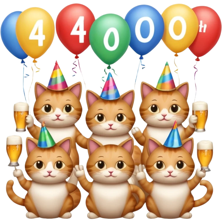 six cats with beer mugs celebrating a 40th birthday, wearing party hats, balloons with '40', emoji style emoji