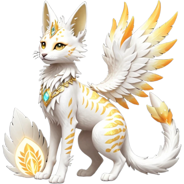 Epic complex fantasy glorious detailed futuristic divine godly angelic feathery sunny, white, albino, pastel, golden, orange glowing sparkly, realistic Fakémon-Sprigatito-Floragato-Meowscarada-Trico-Sergal-Serval-Solgaleo-Vernid-creature (full body) solarpunk, shiny sparkly, iridescent emoji