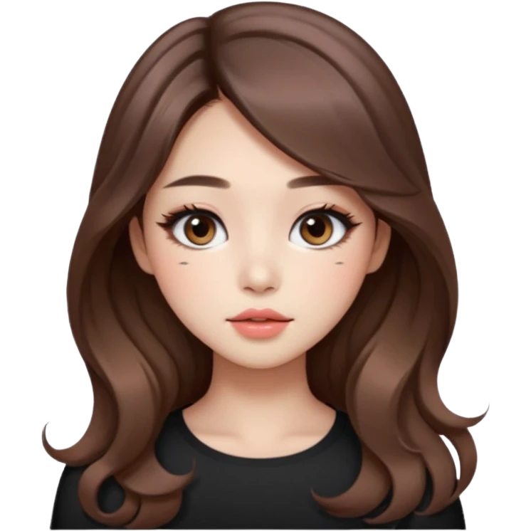 “korean straight brown hair Emoji girl, soft eyeliner and blush, gradient lips, light brown shimmer eyeshadow, long wavy hair,  emoji
