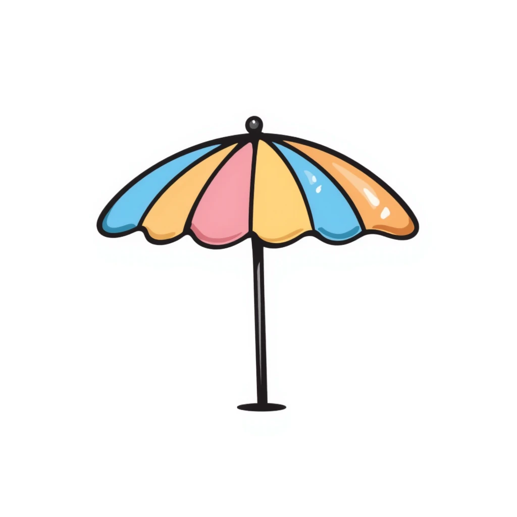 A beach umbrella with stripes in pastel colors (dd9fb0, ffc6d3, a3bfc9, c4bee2, f1b091), hand-drawn doodle style emoji