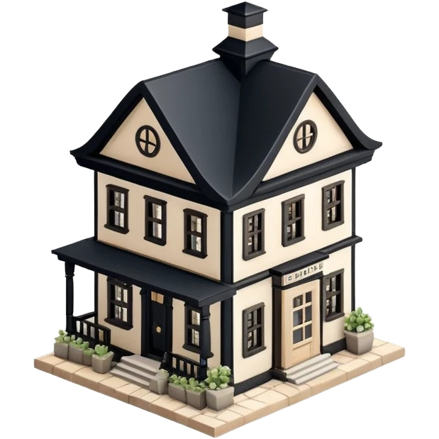 Isometric exterior little black, beige, and white apothecary, dollhouse style 3D realistic  emoji