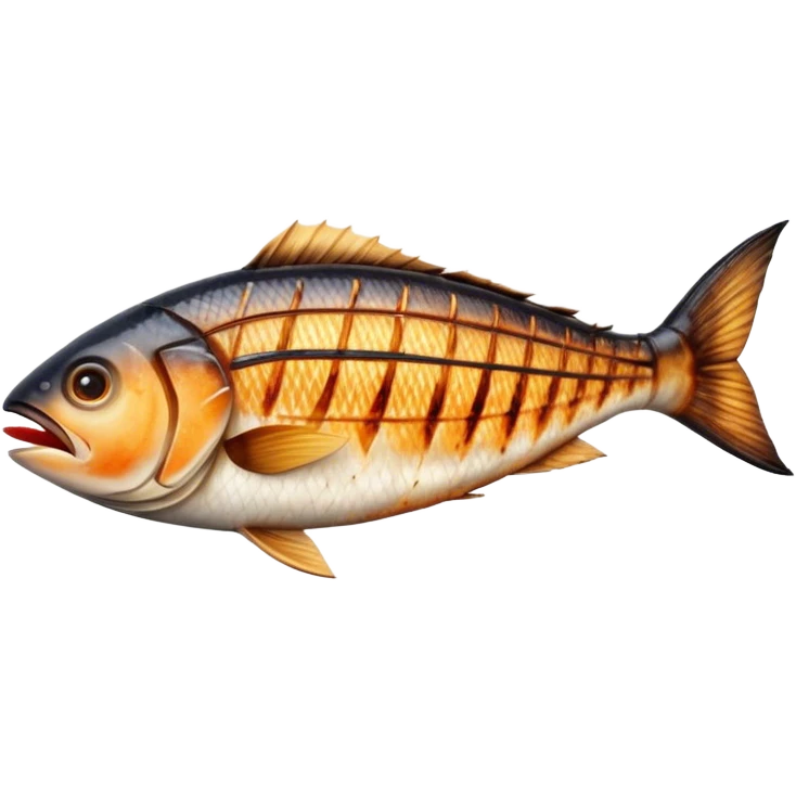 Cinematic Realistic Gradele (Grilled Fish) Dish Emoji, depicted as perfectly grilled fish with a smoky, charred finish rendered with lifelike detail and appetizing, natural lighting. emoji