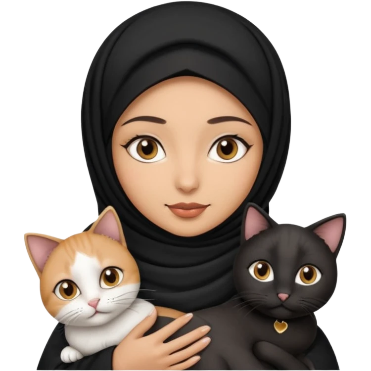 A Arabic woman human with brown eyes and black hijab. , the human is a human, she carry two cat is black and white and the other cath is black and white,,  NO EARS ON THE HUMAN ,  emoji
