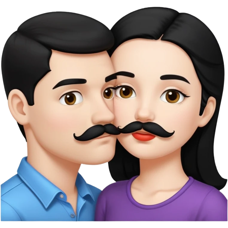 White boy with black mustache kissing white girl with black hair emoji