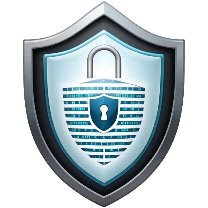 An icon featuring a shield with a digital lock, binary code, and a hacker silhouette in the background, symbolizing cybersecurity. The design includes firewalls, encrypted data streams, and warning alerts. Transparent background highlights protection of digital systems and information. emoji
