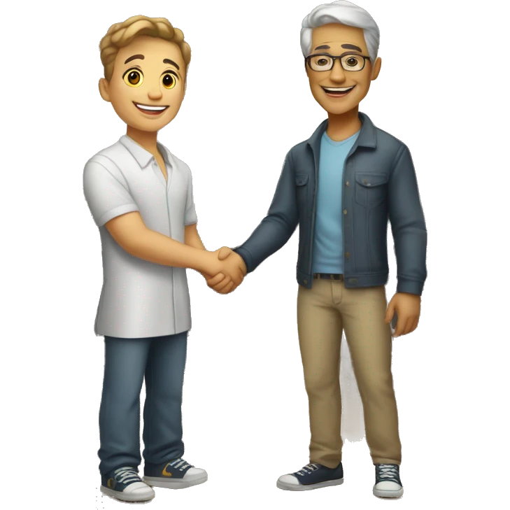 an old restaurant owner and young blogger in youth clothes, shaking hands, both with light skin, in great detail, in full height emoji