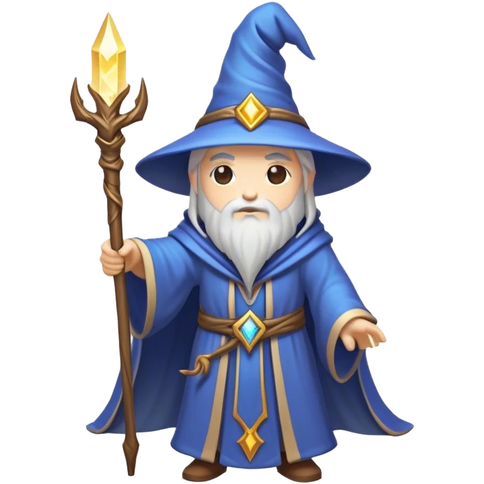 Clash of Clans aesthetic: Cinematic heroic powerful Wizard Hero Emoji, rendered in a 3D vector-style similar to standard emojis with minimal shading and bold, simplified shapes. A compact, isometric figure draped in flowing enchanted robes and wielding a mystical staff, softly glowing with an arcane magical charm. Simplified yet unmistakably iconic, highly detailed and consistent, glowing with a soft radiant glow and high shine. Stylized with a touch of whimsical sorcery and a soft glowing outline, capturing the essence of a powerful wizard ready to cast spells with a friendly, playful spirit! emoji