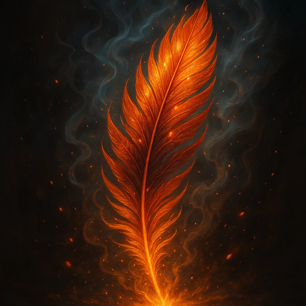 fiery phoenix feather, rising smoke, magical aura, ethereal and detailed, glowing embers emoji