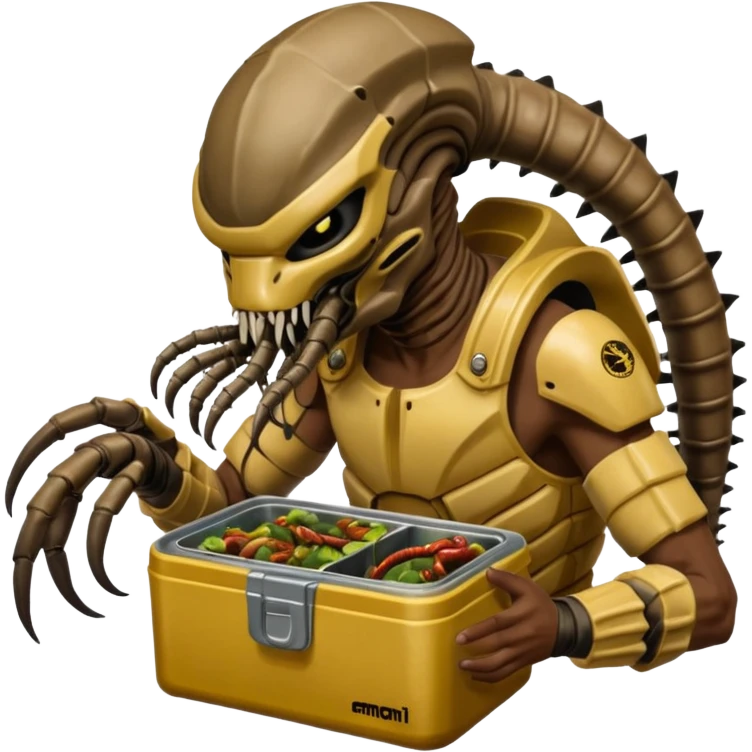 The Predator with full armor and mask eating an Alien facehugger from a lunchbox, the setting should be dark and real. emoji