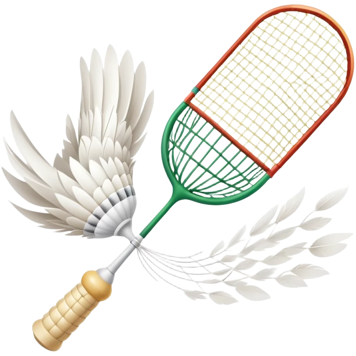 A shuttlecock mid-air above a badminton court, with its feathers spread wide and the background showing a faint outline of a net. The image emphasizes motion and lightness, symbolizing the speed and precision of the sport without players in sight emoji