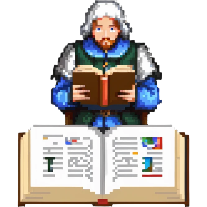 person reading the Canterbury Tales and drinking tea, Geoffrey Chaucer standing behind emoji