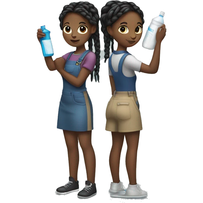 two black girls with braids in a ponytail standing showing entire body, standing with their backs touching  holding cleaning supplies in their hands i front of them emoji