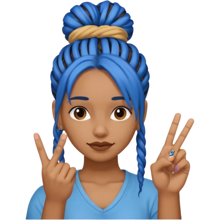 brown girl with blue dreads in a bun, giving peace sign with middle finger emoji
