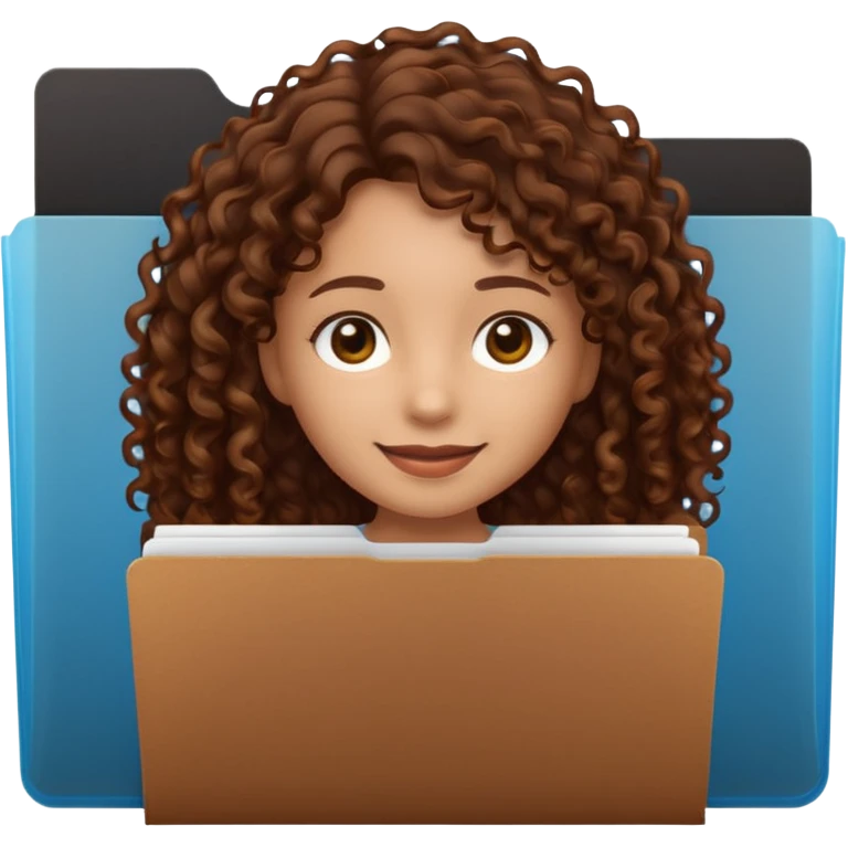 A **simple emoji-style icon** of a **black black black transparent plastic folder**, sleek and minimal, with **rounded corners**, subtle translucency, soft shading, and a **small illustrated logo of a canela-skinned girl with natural curly hair and a warm smile**, simplified and icon-like.
 emoji