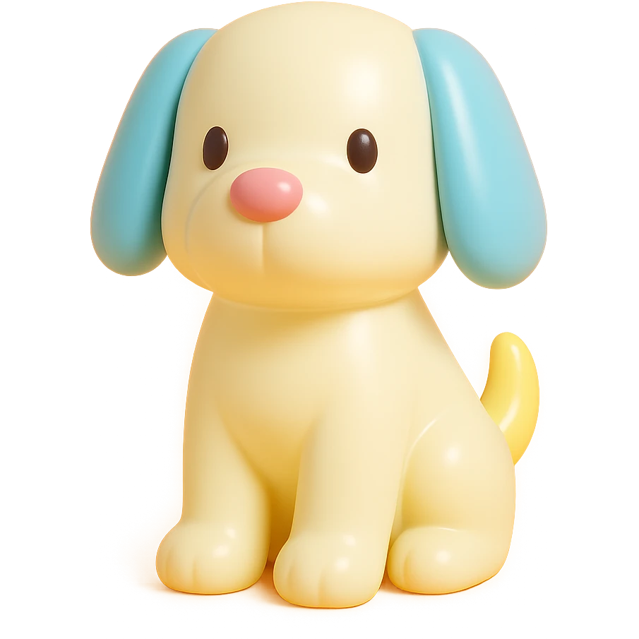               Transform {subject} into a soft vinyl figure with a smooth, glossy surface. The material should look slightly rubbery and tactile, with minimalistic curves and a matte-gloss hybrid finish. Use pastel or soft solid colors. The surface is seamless, with no visible textures or roughness. Studio lighting, vibrant background, clean, playful, designer toy aesthetic and no shadows. {subject} = dog emoji