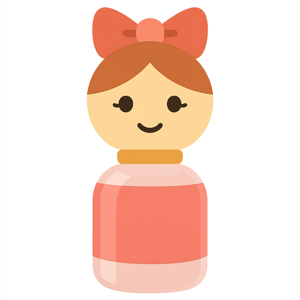 Create an emoji of the Benetton Sisterland perfume doll with a round head, pink bow, smiling face, and pink dress in a modern emoji style. The background should be removed. emoji