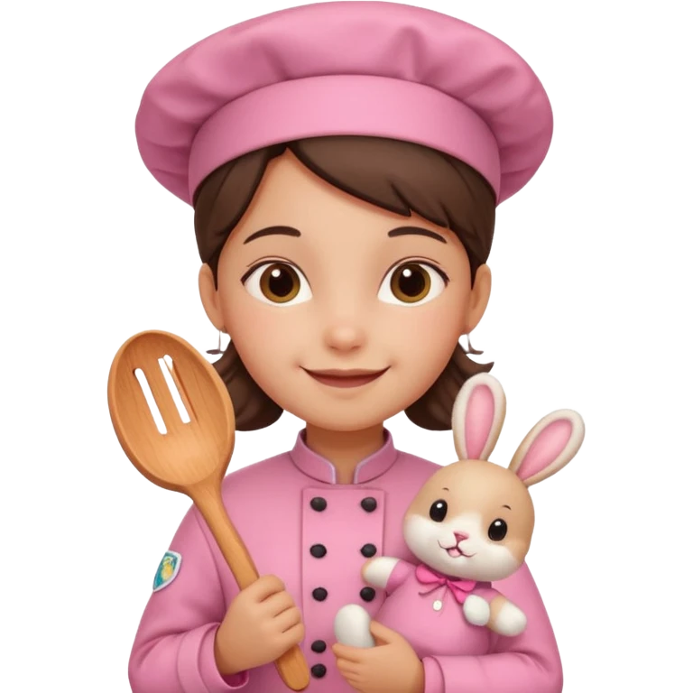 girl kid italian chef, pink uniform, holding plush rabbit emoji