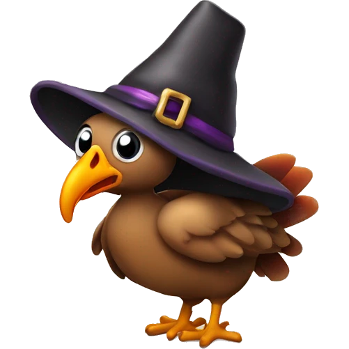 Turkey with witches hat on its head and a wand in its beak emoji