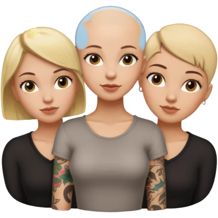 throuple blonde femaleand brunette female with bald tattooed emoji