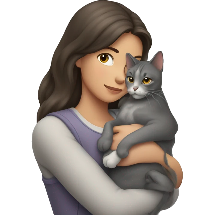 Three-colored gray cat in the arms of a brunette girl emoji