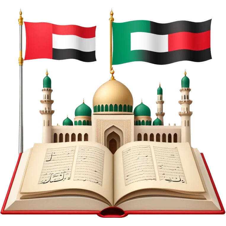 An icon featuring the mosque and the big flag of United Arab Emirates, symbolizing the Arabic language. The design includes an open book with Arabic script and calligraphy, representing language learning and cultural heritage. Transparent background emoji