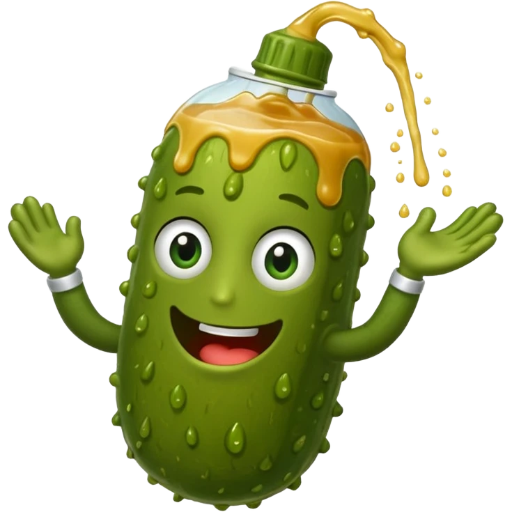 a cartoon pickle with juice squirting from the top of it, being squeezed by a hand emoji