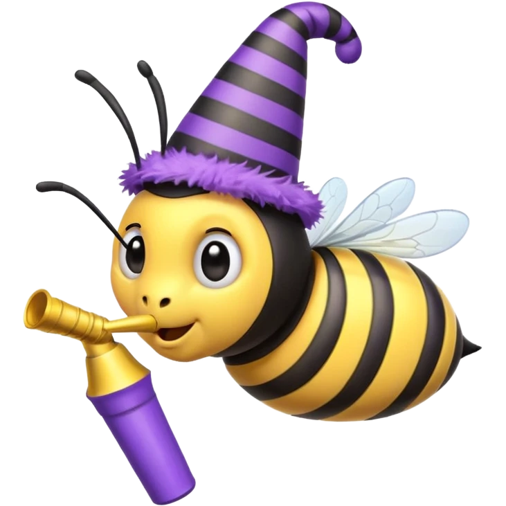 a Bee with purle Birthday Hat, Bee blowing party horn emoji