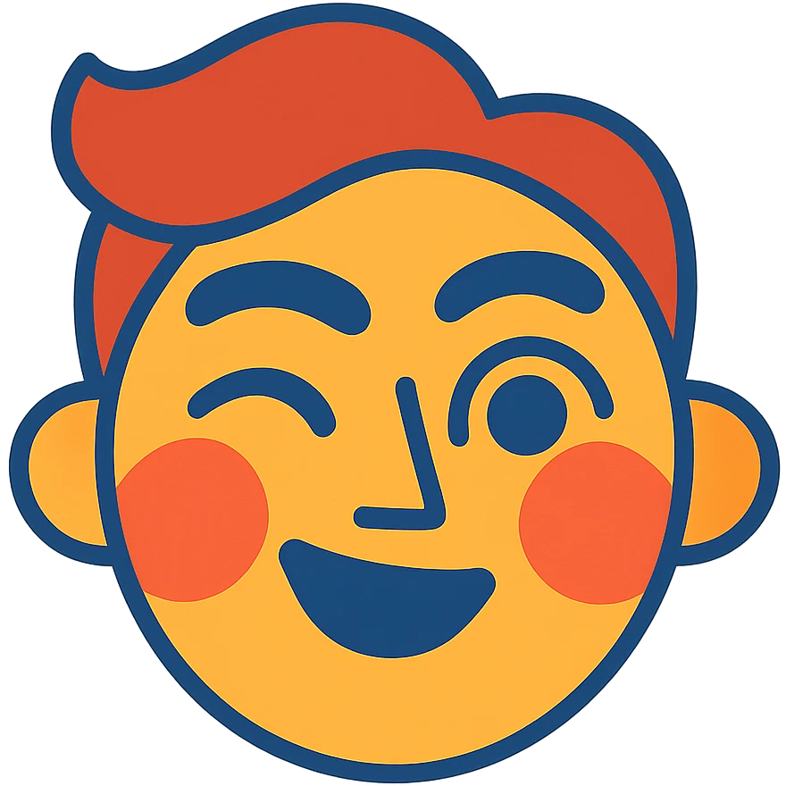 vibrant toon style face with raised eyebrows, playful wink, blushing emoji
