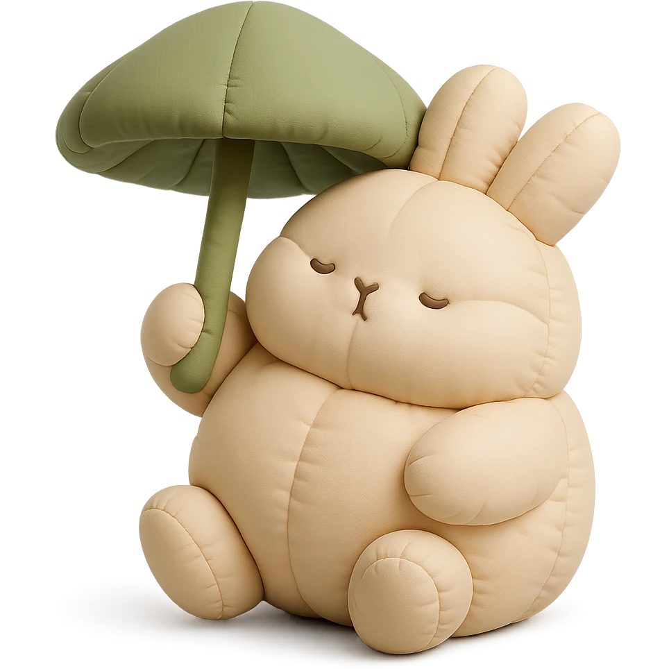 chubby bunny holding a mushroom umbrella, pastel beige and moss green, cushion style emoji