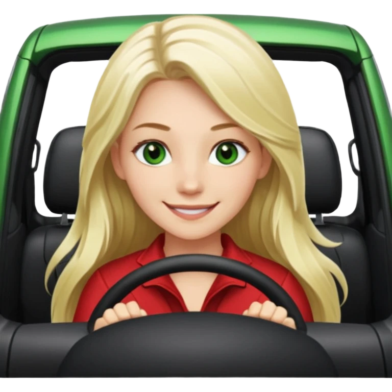 A Sideview of A Smiling Green Eyed, Long Haired Blonde driving a RED NISSAN ROGUE SUV emoji
