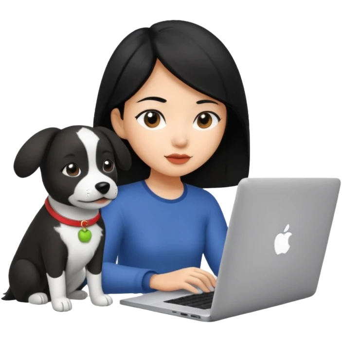 Asian girl with black hair working on an Apple laptop, next to her is a black and white dog emoji