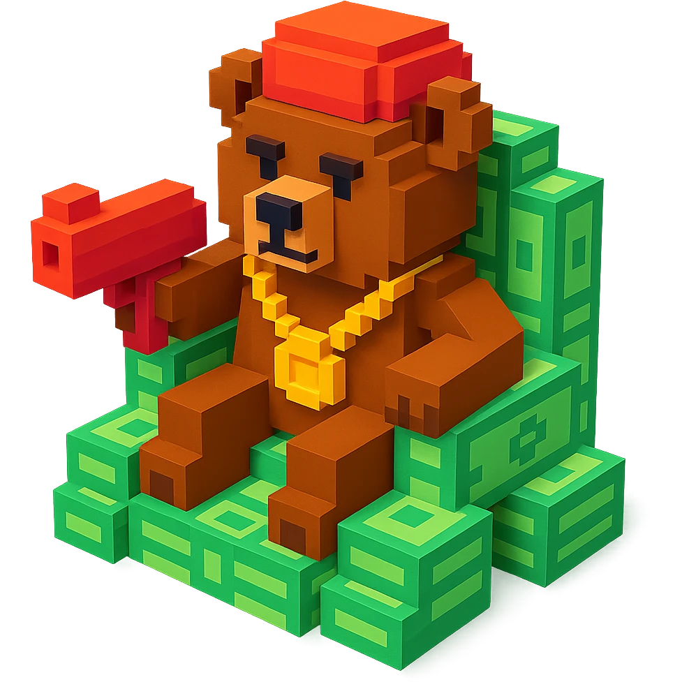 Russian grizzly bear with a rapper chain and a money gun, sitting on a throne of cash emoji