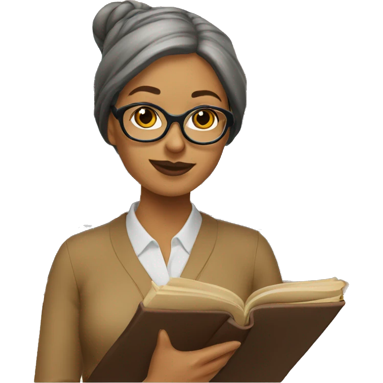 Woman librarian bun brown glasses with a book emoji